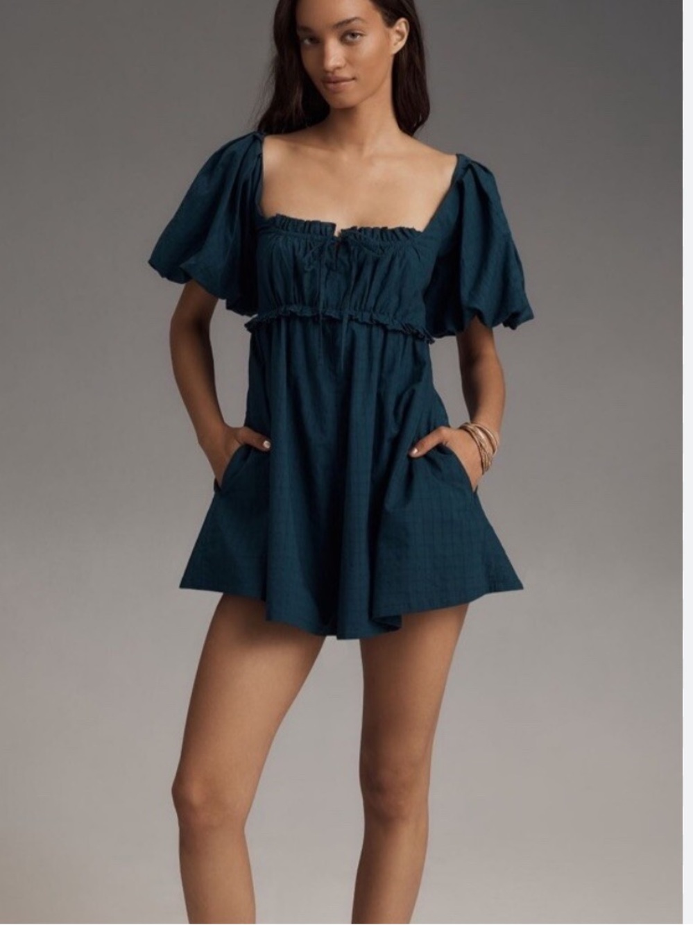 anthropologie pilcro Women's Teal Peasant romper with Ties L - Picture 2 of 9